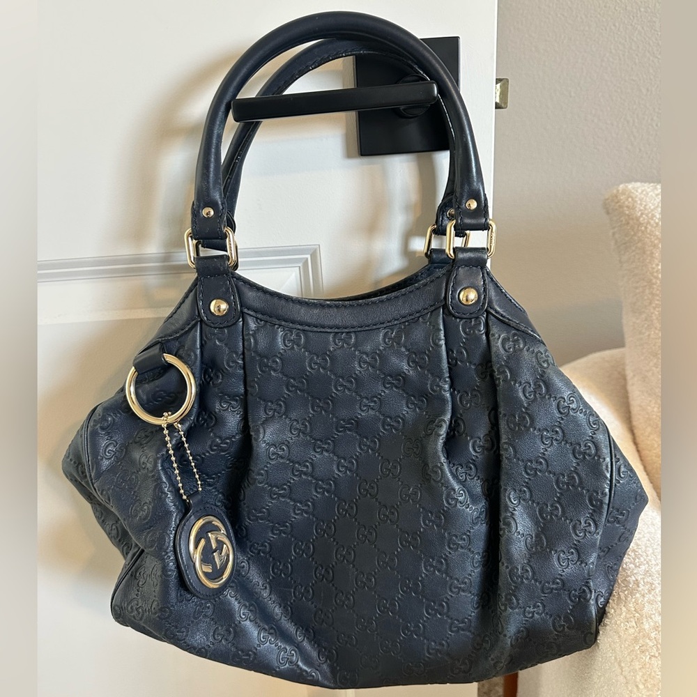 Gucci Navy Monogram Embossed Shoulder Bag